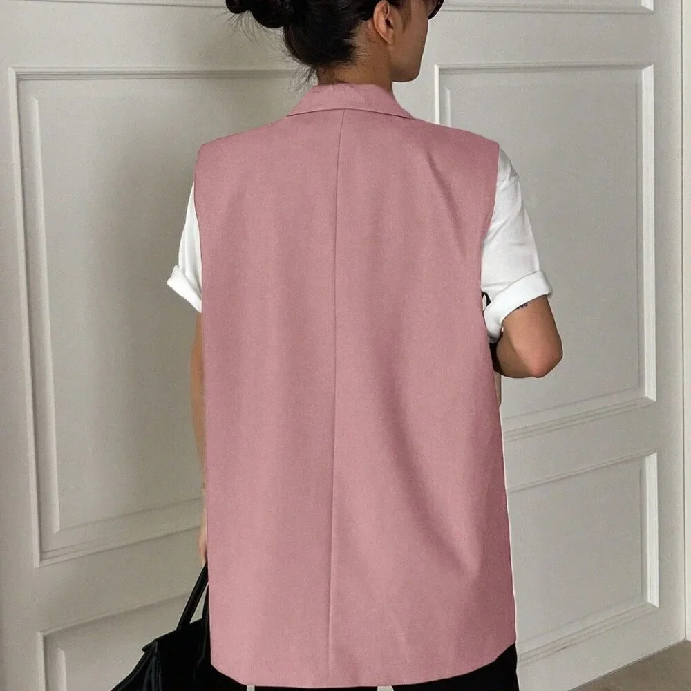 Pink Casual Women's Suit Collar Sleeveless Double-Breasted Vest - Picture 4 of 5